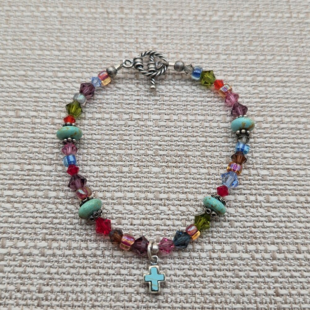 7.5 Inch Sterling Silver Turquoise Crystal And Cross Charm Bracelet B642